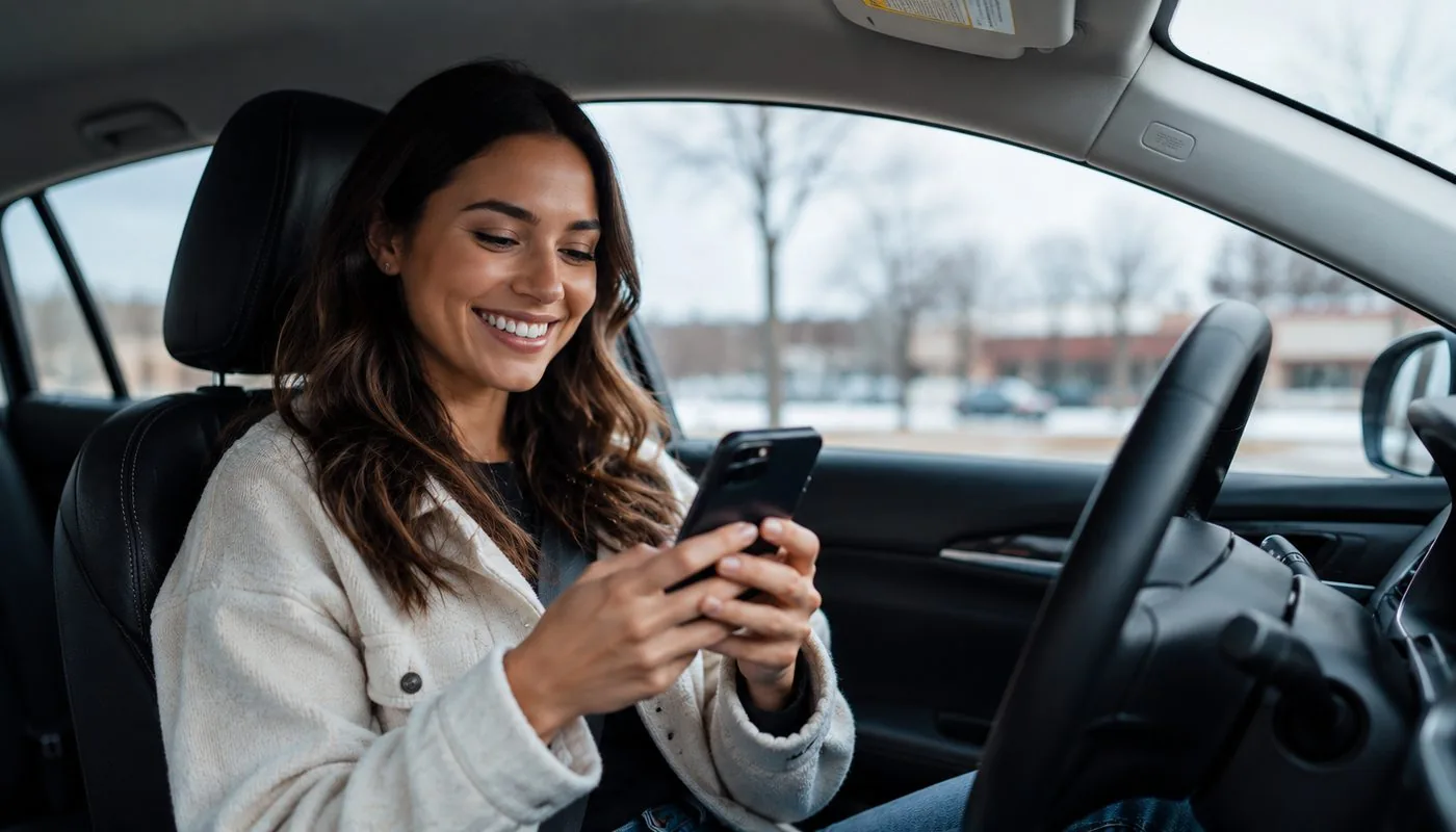 A smiling supporter in the driver's seat at an Aqua-Tech location